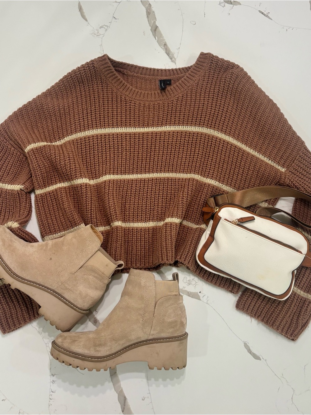 moon & madison Brown Crewneck Sweater with Cream Stripes